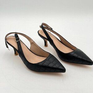 Black Crocodile Printing Kitten Heels Office Pumps Pointed Toe Slingback Shoes